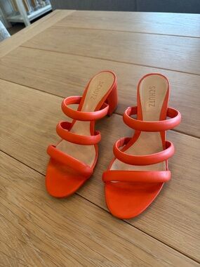 SCHUTZ Vibrant Orange Triple-Strap Block Heel Mules